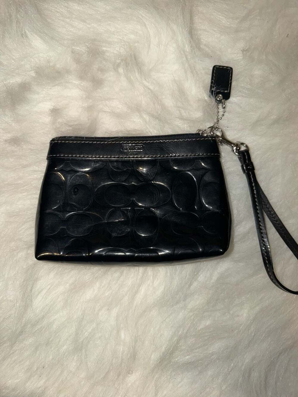 Coach Black Patent Leather Signature C Small Wristlet Pouch